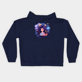 Woman with sweet dreams concept Young girl with galaxy and universe at hairs Kids Hoodie